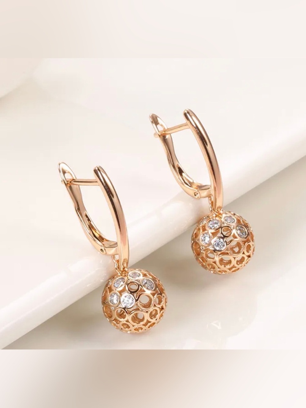 Rose Gold Zircon Ball Drop Hoop Earrings